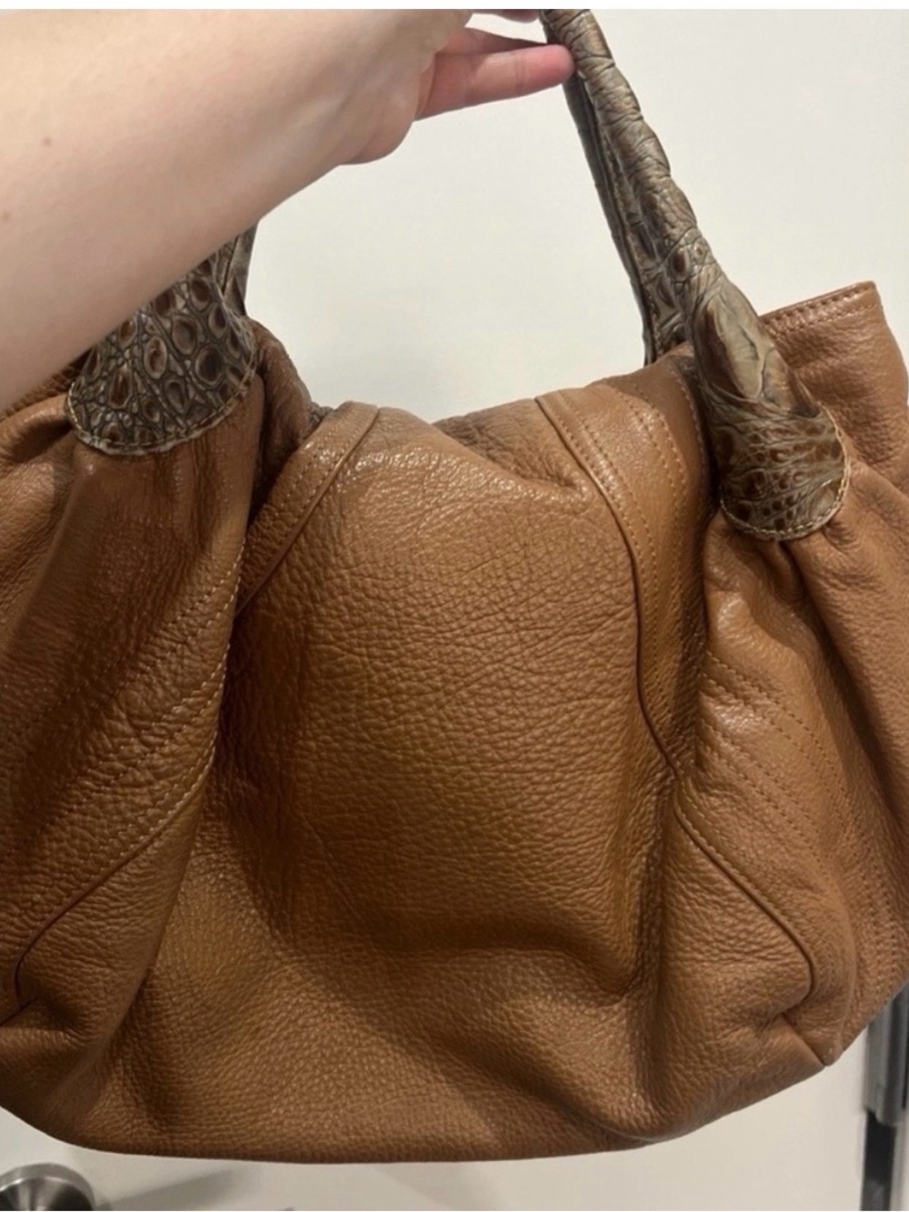 Brown Leather Hobo Bag with Textured Handle
